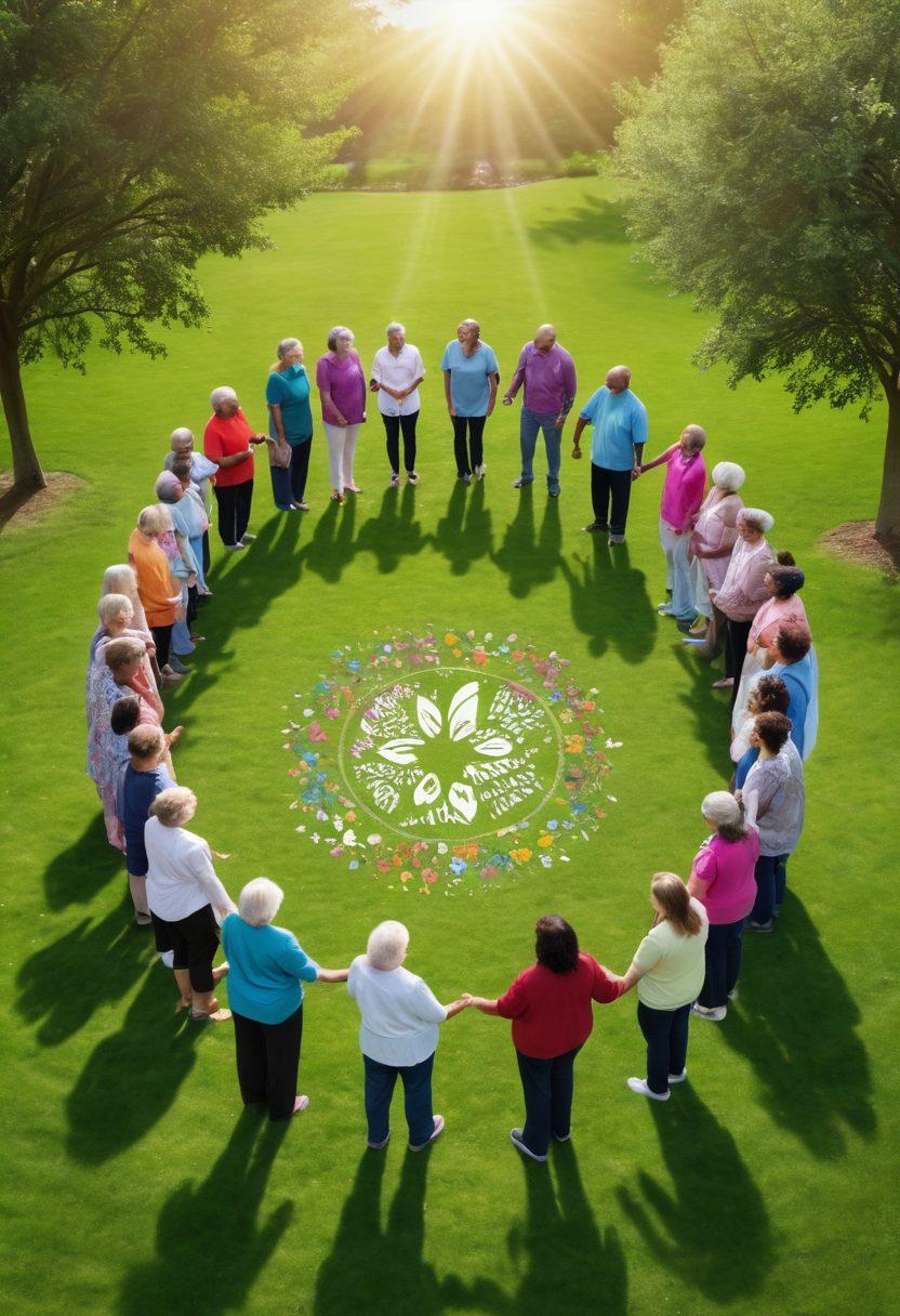 A heartwarming scene featuring diverse individuals of all ages standing hand in hand in a circle, surrounded by a lush green park. They are united in support, with symbols of healing like butterflies and flowers gently floating around them. In the background, a small community event is occurring with tables offering resources and information about oncology and recovery. The sky is bright and inviting, representing hope and positivity. vibrant colors. super-realistic.