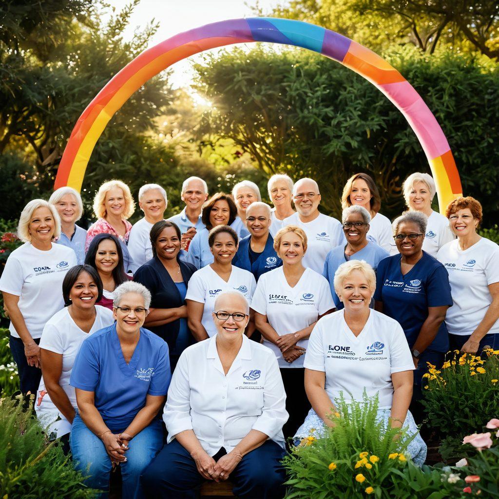 A vibrant scene of a diverse group of cancer survivors and their supporters gathering in a bright, healing garden setting, showcasing unity and strength. In the background, symbols of health advocacy like ribbons and signs of hope intertwine with blooming flowers, highlighting the journey from survival to thriving. The sun radiates warmth, casting a golden glow on the faces of the individuals, and a faint rainbow arches overhead, symbolizing hope and resilience. colorful, super-realistic, uplifting atmosphere.
