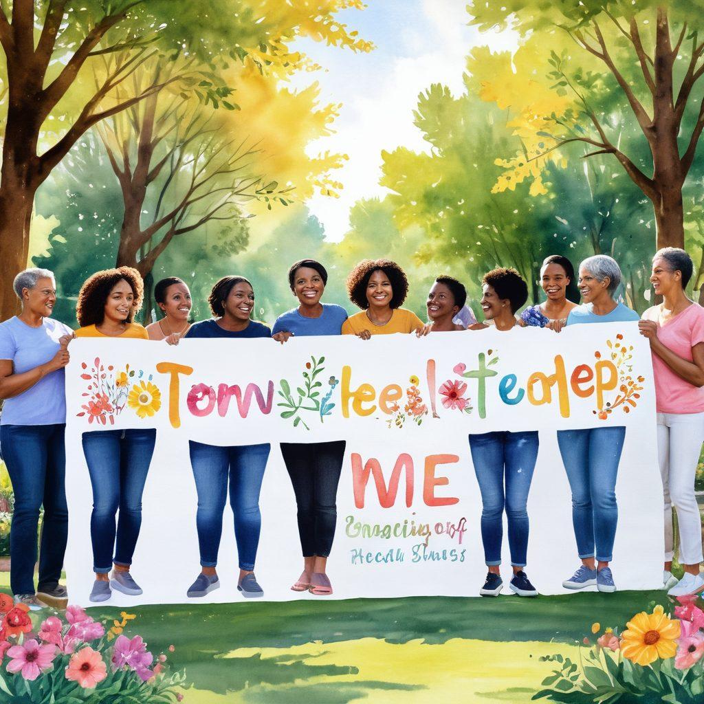 A warm and welcoming community gathering in a sunlit park, showcasing diverse individuals supporting a cancer survivor, holding hands and smiling, while a large banner reads 'Together We Heal'. Include elements of hope such as flowers, butterflies, and soft sunlight filtering through trees. Focus on emotion and connection, highlighting the strength of community. watercolor style. vibrant colors.